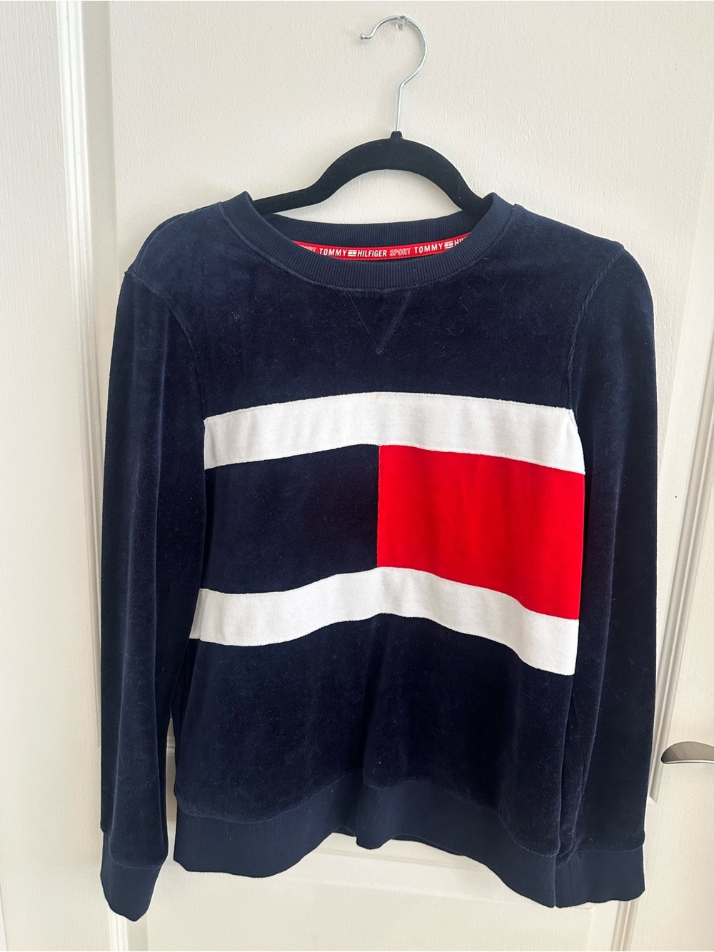 Tommy Hilfiger Navy Velour Crewneck Sweater with Red & White Panel